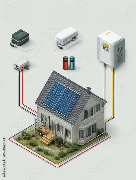 Fototapeta This educational infographic illustrates a solar energy system installed on a residential home, highlighting key components and their connections for optimal energy use and management.
