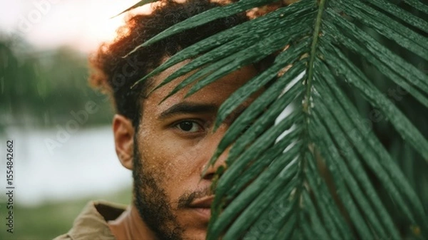 Obraz Young man partly hidden behind a tropical palm leaf, gazing at camera