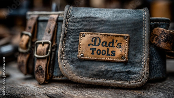Fototapeta Close-up view of a well-worn tool belt with a patch celebrating craftsmanship