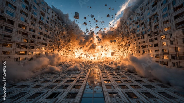 Fototapeta Dramatic explosion of windows creates chaos in residential building at dusk