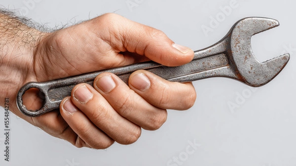Fototapeta Hand gripping a wrench tool ready for mechanical tasks in a well-lit environment
