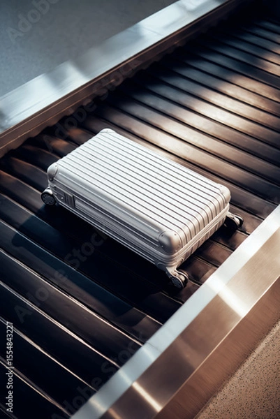 Fototapeta A sleek silver suitcase sits alone on a baggage carousel, surrounded by the polished surfaces of a contemporary airport terminal. The atmosphere is calm and inviting, perfect for travelers.