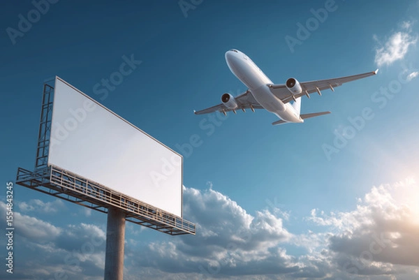 Fototapeta Signboard under a departing plane in a busy urban environment