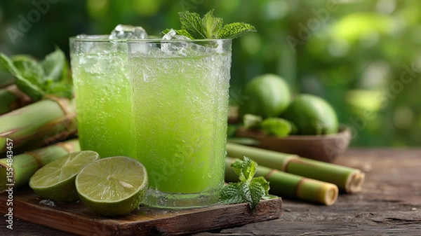 Fototapeta Refreshing sugarcane juice with ice and mint for summer