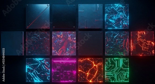 Fototapeta A collection of digital textures and materials are shown as squares on a dark background