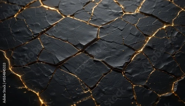Fototapeta Striking texture showcases a dark, cracked surface with shining golden fissures, creating an abstract and artistic background.