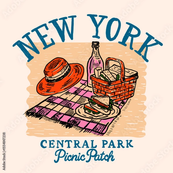 Obraz New york central park picnic patch. holiday graphics. Summer travel and picnic stuff. summer tshirt design.  Tourism and adventure accessories. Camera, holiday backpack, campfire, trailer.