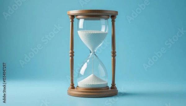 Fototapeta Wooden hourglass with sand slowly flowing, against a light blue background.  Time, measurement, passing, concept.