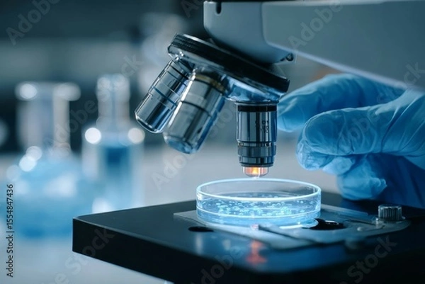 Obraz Microscope lab research with scientist hand adjusting sample. Close-up of petri dish under lens in modern laboratory setting. Blue gloves ensure sterile environment for study.