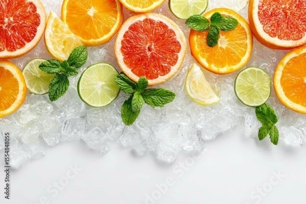 Obraz Citrus fruits with ice and mint leaves. Perfect for refreshing drink or summer decor. Bright slices add vibrant touch.