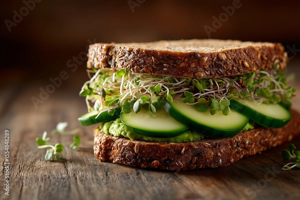 Fototapeta Fresh veggie sandwich on multigrain bread with avocado, cucumber, and sprouts, photographed on a rustic table with natural lighting
