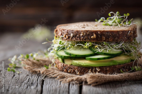 Fototapeta Fresh veggie sandwich on multigrain bread with avocado, cucumber, and sprouts, photographed on a rustic table with natural lighting