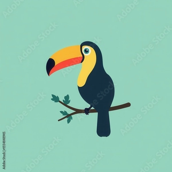 Fototapeta Minimalist  icon of a toucan on a branch. Clean, modern flat design with bold colors, ideal for a logo, web graphic, or branding element.