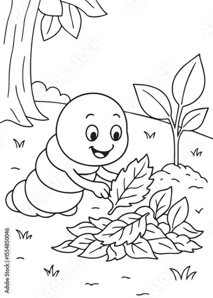 Fototapeta Coloring book page of a worm gathering leaves in the forest.