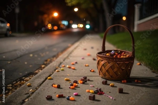 Obraz Autumnal Nighttime Scene On Concrete Sidewalk Closeup Of Colorful Candy, Including Orange And Brown Pieces, Scattered On Ground Near Car