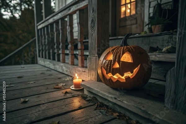 Obraz Cozy Halloween Warm, Orange Jack O'Lantern On Rustic Porch, Its Glowing Jack O'Lantern Eyes And Flickering Candle Lighting Illuminate Background
