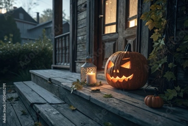 Obraz Cozy Rustic Wooden House Porch At Dark, Illuminated By Warm, Glowing Jack O'Lantern And Soft Light, Creating Perfect Pumpkin Scene