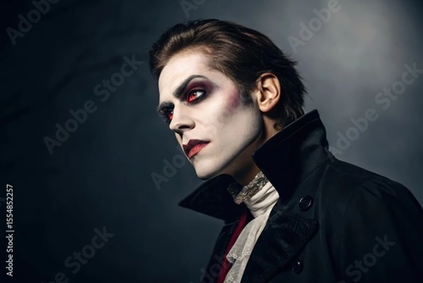 Obraz Dramatic Gothic Character Portrait Mysterious Vampire Face, Illuminated By Intense Lighting, Showcasing An Eerie Costume With Coat, Jabot, And High Collar