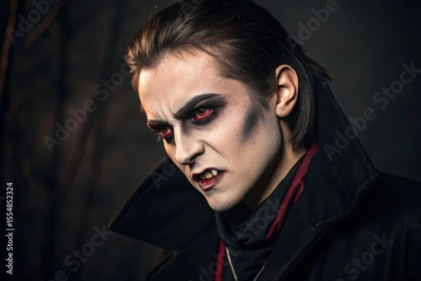 Obraz Dramatic Vampire Portrait Classic Creatures Menacing Face Revealed, Enhanced By Dark Eyeshadow, Intense Lighting, And Striking Coat, Completing Powerful Look