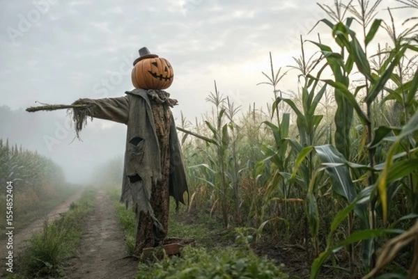 Obraz Eerie Halloween Scene Mysterious Scarecrow With Pumpkin Head Stands In Vast Green Cornfield Of Mature Corn, Its Straw Body Blending Into Misty Background