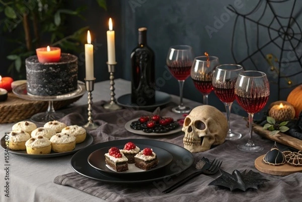 Obraz Elegant Halloween Table Decoration Featuring Grey Plates, Exquisite Wine, And Flickering Candles, Alongside Sophisticated Cake Centerpiece, Perfect For Memorable Gathering