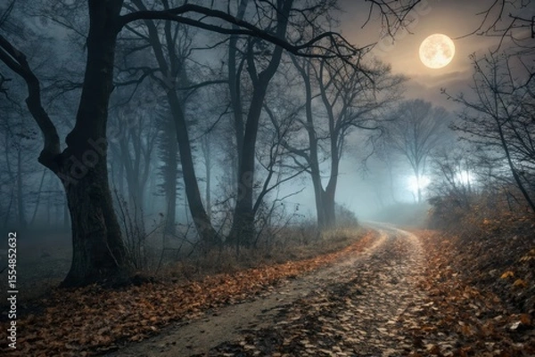 Obraz Enchanting Dark Autumn Forest Scene Misty Path Winds Past Bare Trees Moonlight Pierces Dense Mist, Illuminating Mysterious Background Light