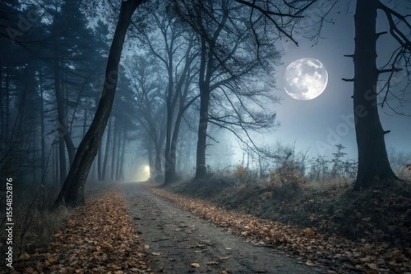 Obraz Moonlit Path Through Mysterious Bare Forest An Ethereal Winter Scene Of Solitude With Distant Light And Silhouetted Trees