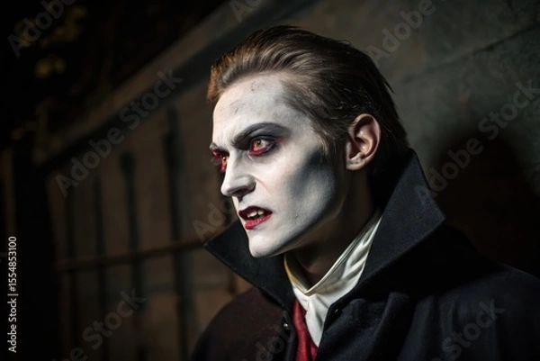 Obraz Striking Gothic Vampire Portrait Dramatic High Lighting Sculpts Mysterious Face In Classic Costume Prominent High Collar Amplifies This Intense, Predatory Allure