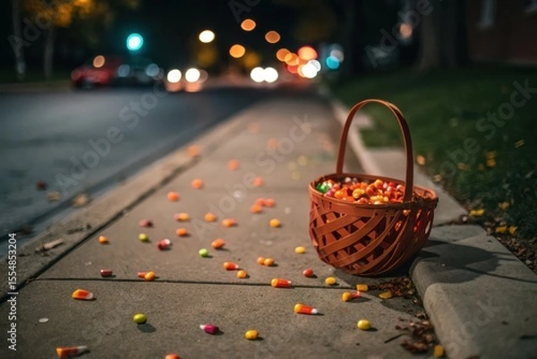 Obraz Vibrant Halloween Scene Colorful Candy, Including White, Yellow, And Red Treats, Spilled On Concrete Near Full Basket On Green Grass, With Blurred Street Background