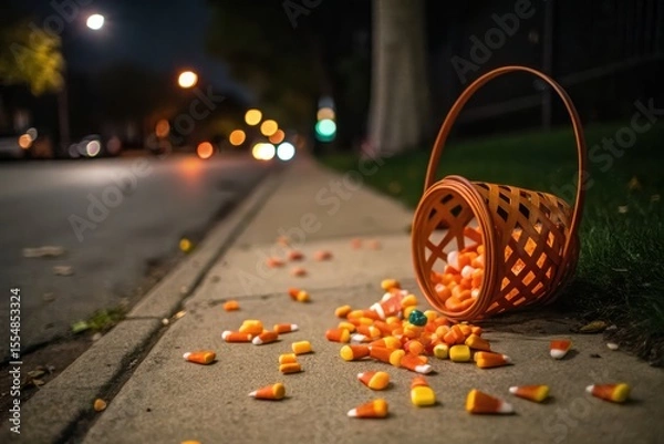 Obraz Vibrant White And Yellow Candy Corn Spills From Basket Onto Dark Concrete Sidewalk Post Trickortreat Blurred Street Background Evokes Nostalgic Halloween