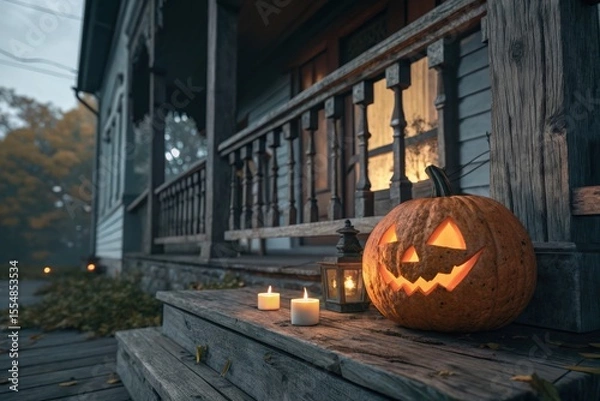 Obraz Warm Light From Cozy Halloween House Spills Onto Rustic Wooden Porch Brown Background With Autumnal Trees Completes This Inviting Scene