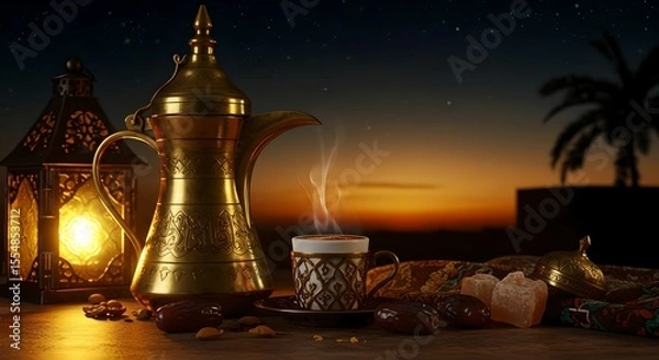 Fototapeta Steaming arab coffee cup with dates on a table. Traditional ramadan iftar and eid al-fitr celebration with oriental lamp