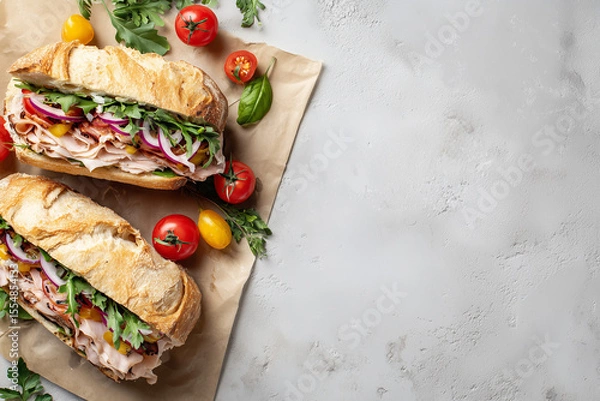 Fototapeta Flat lay of a gourmet sandwich cut in half, ingredients visible and neatly arranged, placed on parchment paper
