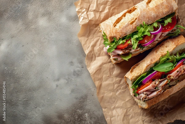 Fototapeta Flat lay of a gourmet sandwich cut in half, ingredients visible and neatly arranged, placed on parchment paper