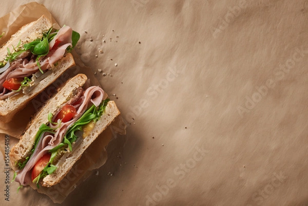 Fototapeta Flat lay of a gourmet sandwich cut in half, ingredients visible and neatly arranged, placed on parchment paper