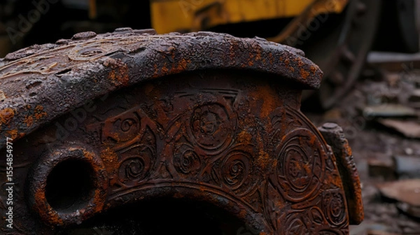 Fototapeta Rusty metal wheel section with intricate carvings.  Surface covered in deep reddish-brown rust, showing detailed, ornate patterns.  Visible portion of a large, industrial machine part
