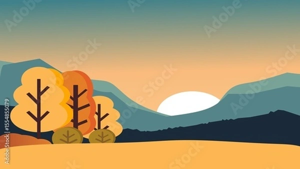 Fototapeta Autumn landscape illustration with colorful trees, hills, and a warm sunset. Ideal for seasonal designs, backgrounds, and nature-themed digital projects.