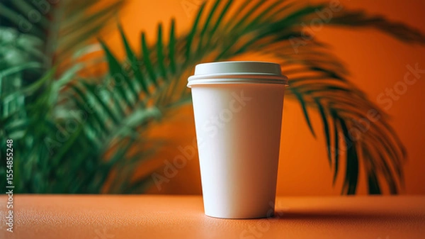 Fototapeta White Cup Mockup on Table with Orange Wall and Palm Leaf Background