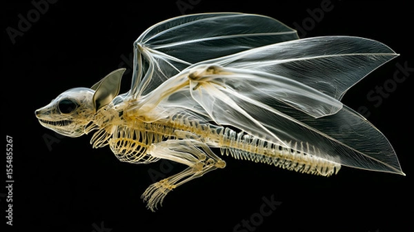 Fototapeta X-ray image of a bat skeleton, showcasing the delicate structure of its wings and body.  Detailed view of bones