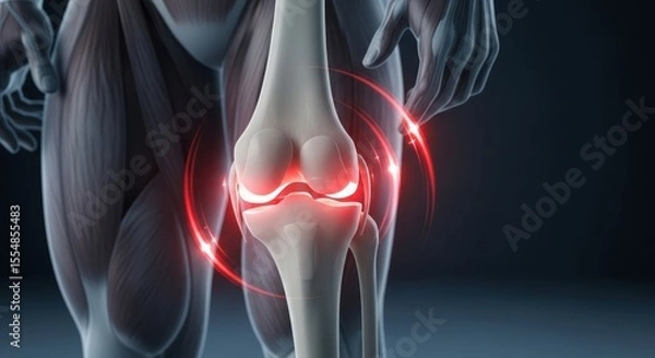 Fototapeta Detailed Anatomical Illustration of a Human Knee Joint with Highlighted Pain Areas for Medical Reference and Study Purposes