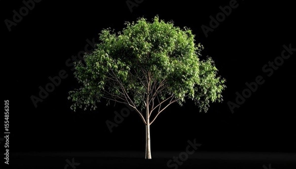 Obraz Single deciduous tree with lush green foliage isolated on black background High resolution image