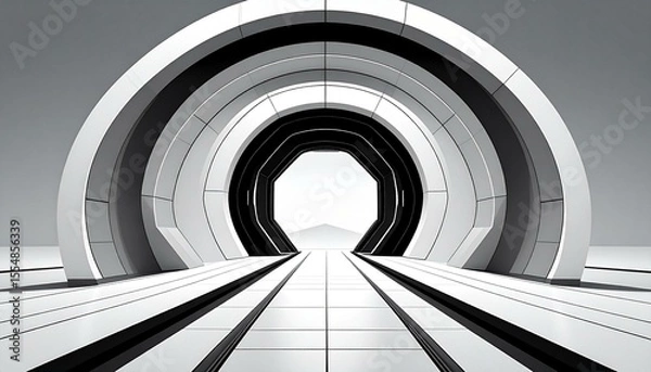 Obraz Abstract grayscale image of a futuristic tunnel with a white tiled floor leading to a distant bright horizon