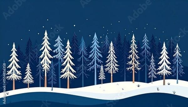Obraz Winter Night Forest Scene Snowy Landscape with Blue and White Pine Trees under a Starry Night Sky