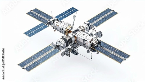 Obraz Space station with solar panels detailed 3D model on white background High resolution image showing intricate design