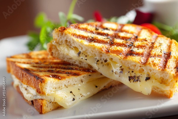 Fototapeta Side view of a grilled panini sandwich with melted cheese oozing out, on a clean white plate with a blurred background 