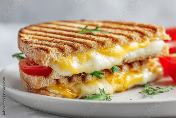 Fototapeta Side view of a grilled panini sandwich with melted cheese oozing out, on a clean white plate with a blurred background 