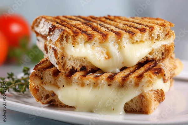 Fototapeta Side view of a grilled panini sandwich with melted cheese oozing out, on a clean white plate with a blurred background 