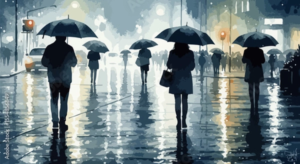 Fototapeta  A moody and artistic watercolor of a rainy street scene, with soft reflections and umbrellas, creating an emotional, cinematic atmosphere