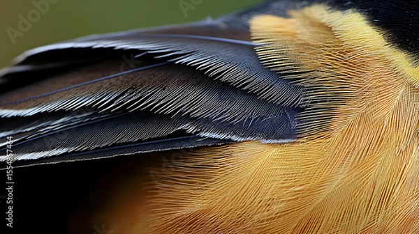 Fototapeta Close-up of bird feathers, showing intricate patterns of dark and light colors.  Detailed texture of wing and body plumage