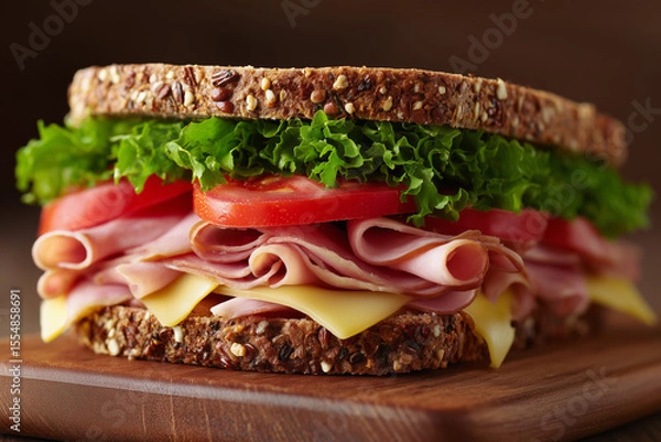 Fototapeta Close-up of a fresh deli sandwich with layers of ham, cheese, lettuce, and tomato on whole grain bread, placed on a wooden board